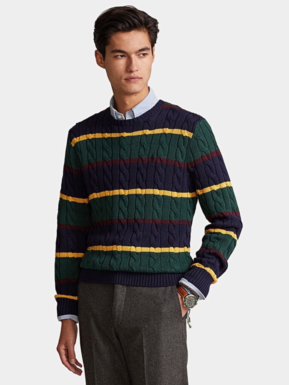 Polo Ralph Lauren Striped Cable Knit Crewneck Cotton Sweater